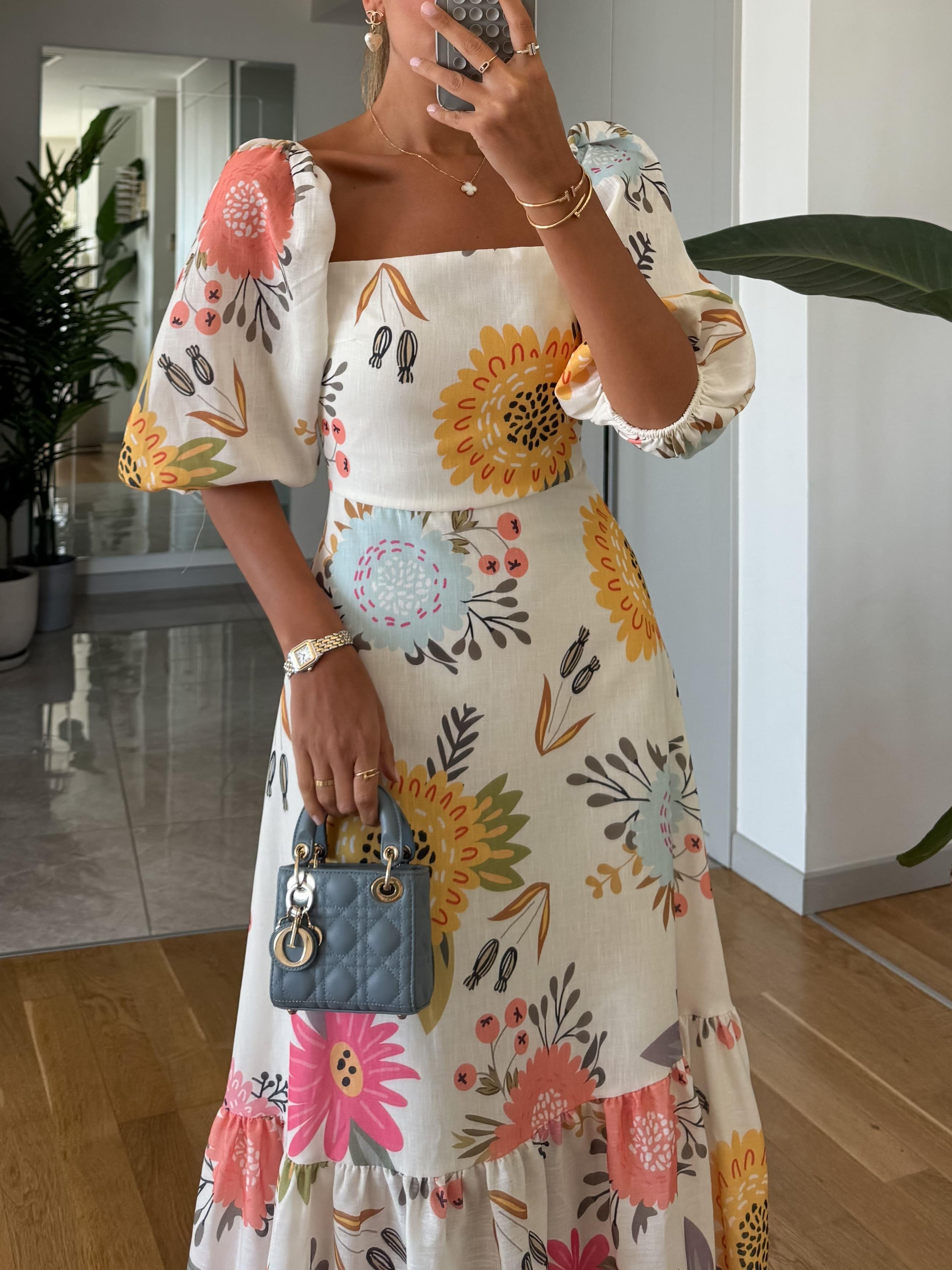 Square Neck Floral Print Puff Sleeve Midi Dress