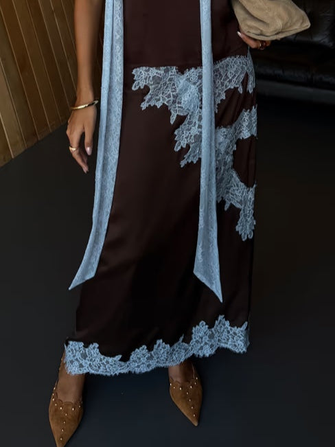 Elegant Brown and Blue Lace Panel Top + Skirt Suit Set