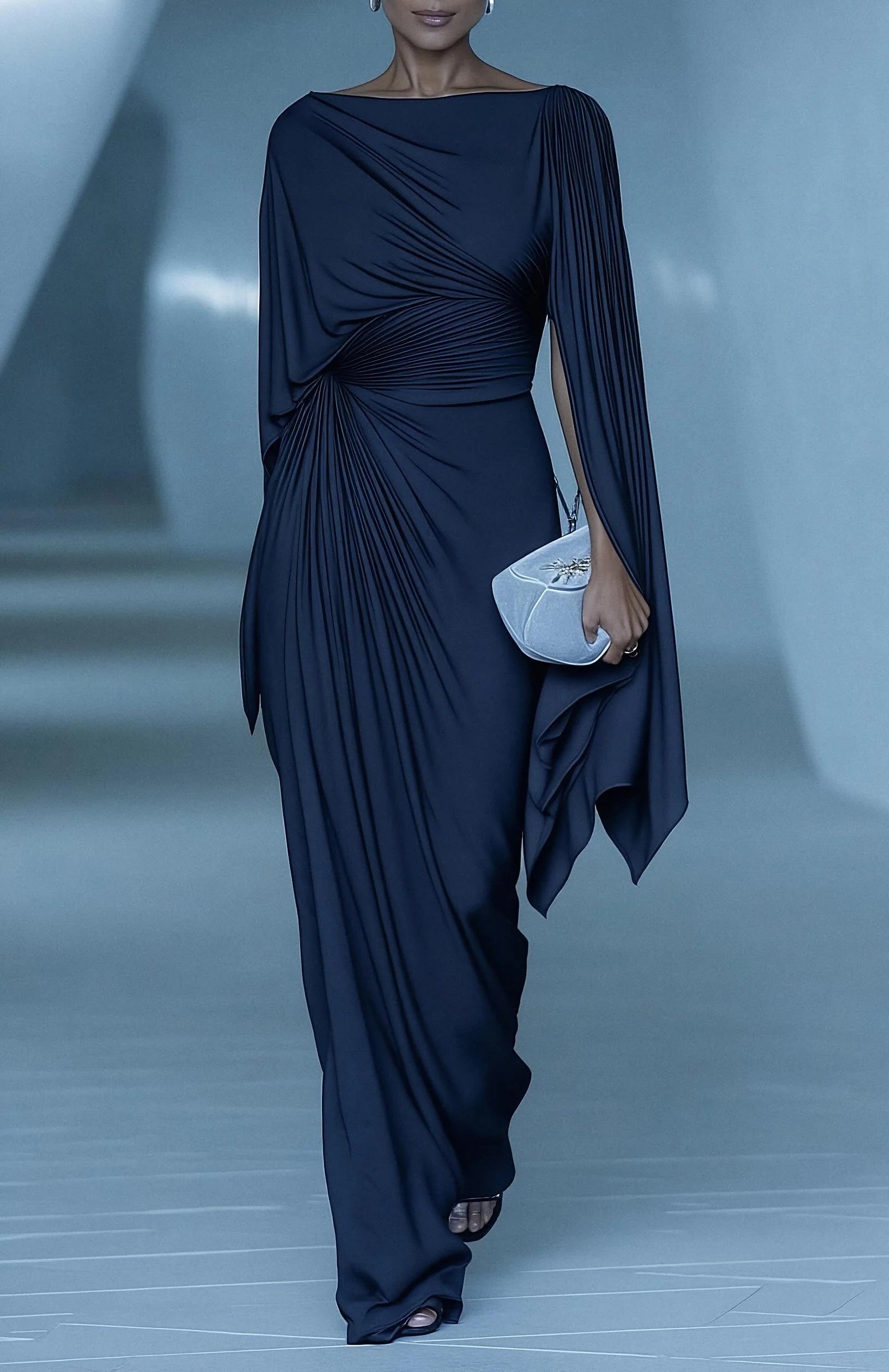 Pleated irregular drape slim-fit maxi dress