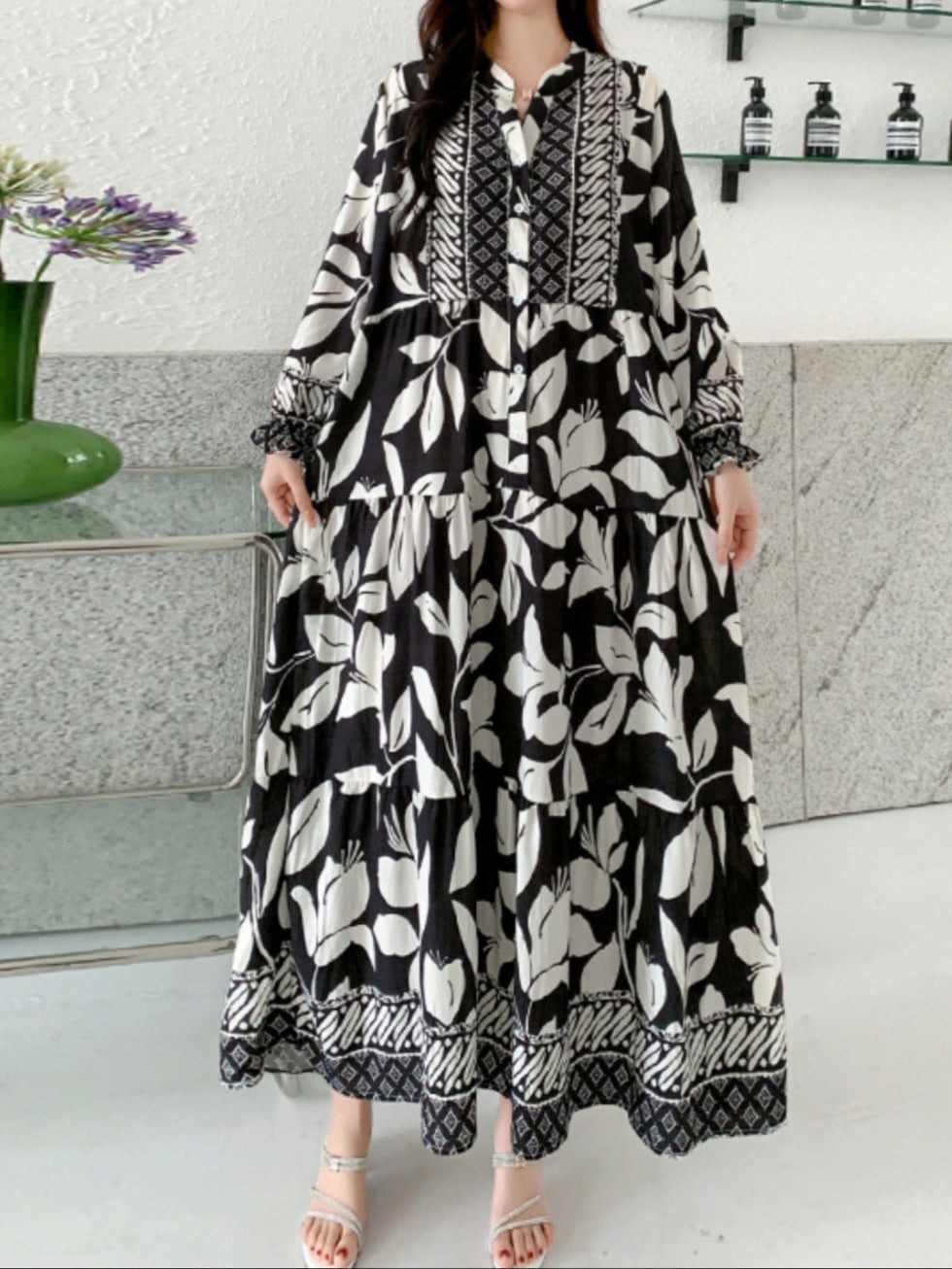Printed lantern sleeves loose dress