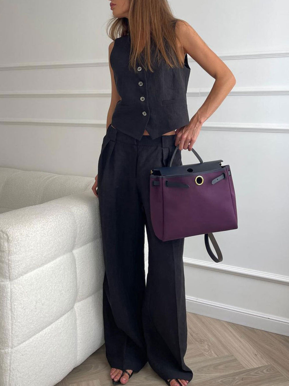 Classic V-neck Pleated Cotton and Linen Wide-leg Pants Suit