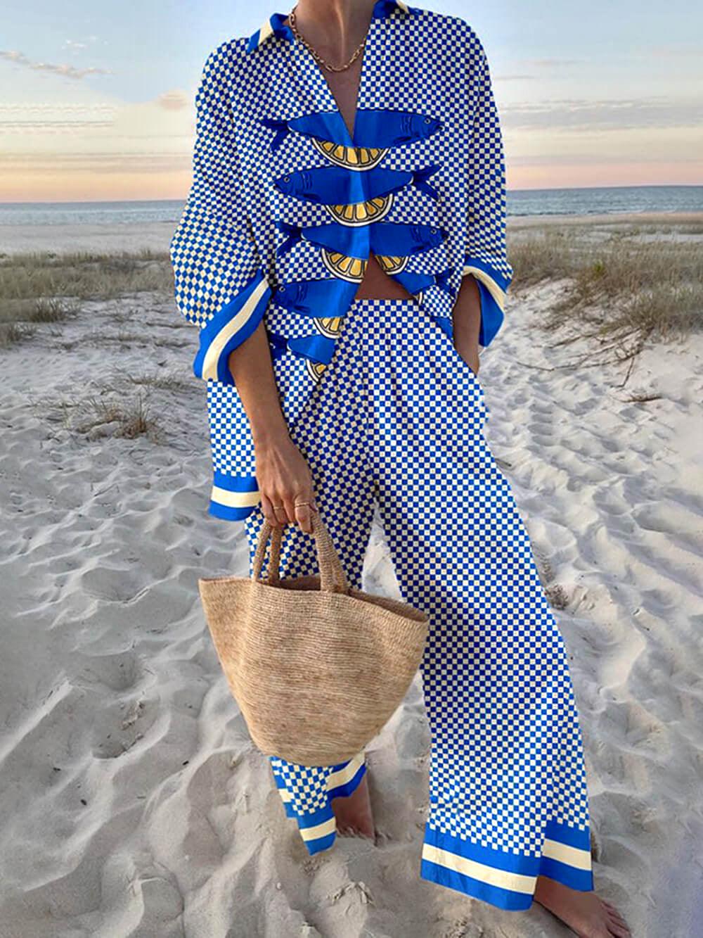 Ocean Print Oversized Shirt and Elastic Waist Pocket Pants Set