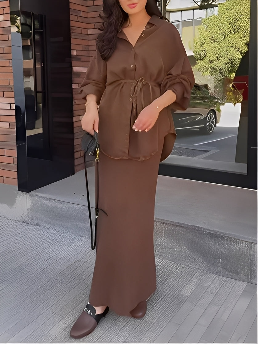 Long-sleeved Tie-Drawstring Shirt and Skirt Set
