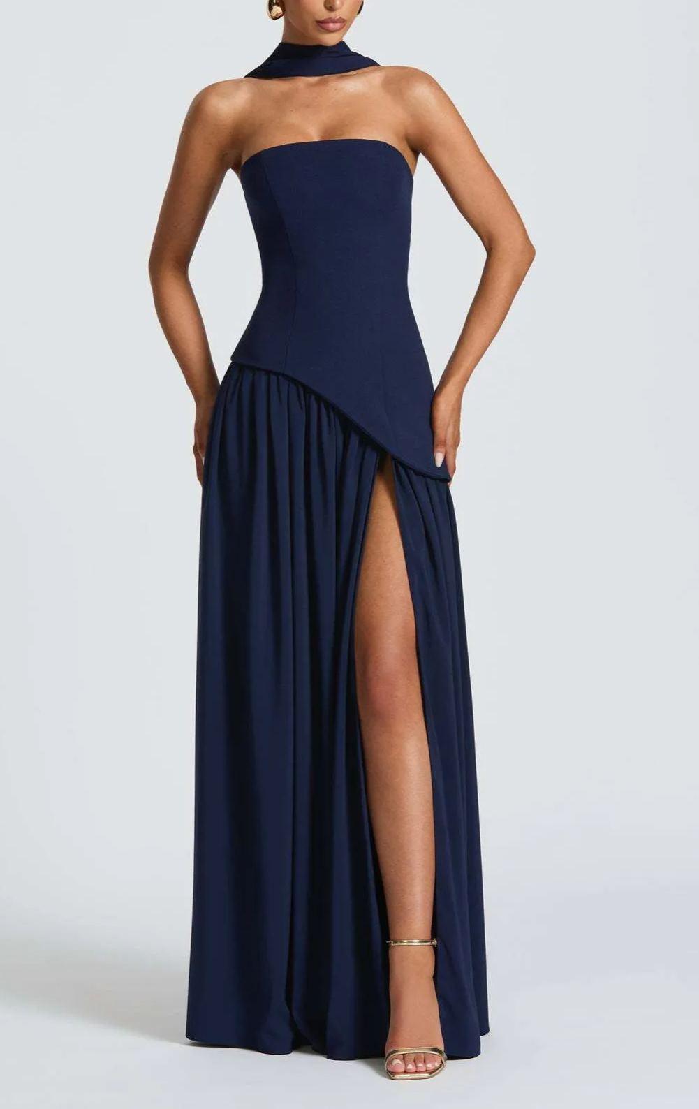 Strapless Slit Ribbon Maxi Dress