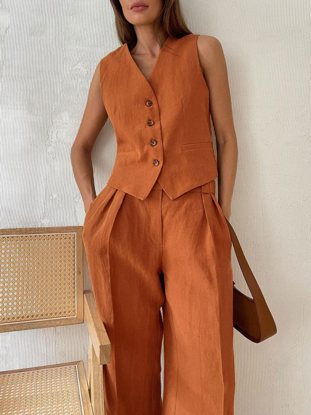 Classic V-neck Pleated Cotton and Linen Wide-leg Pants Suit