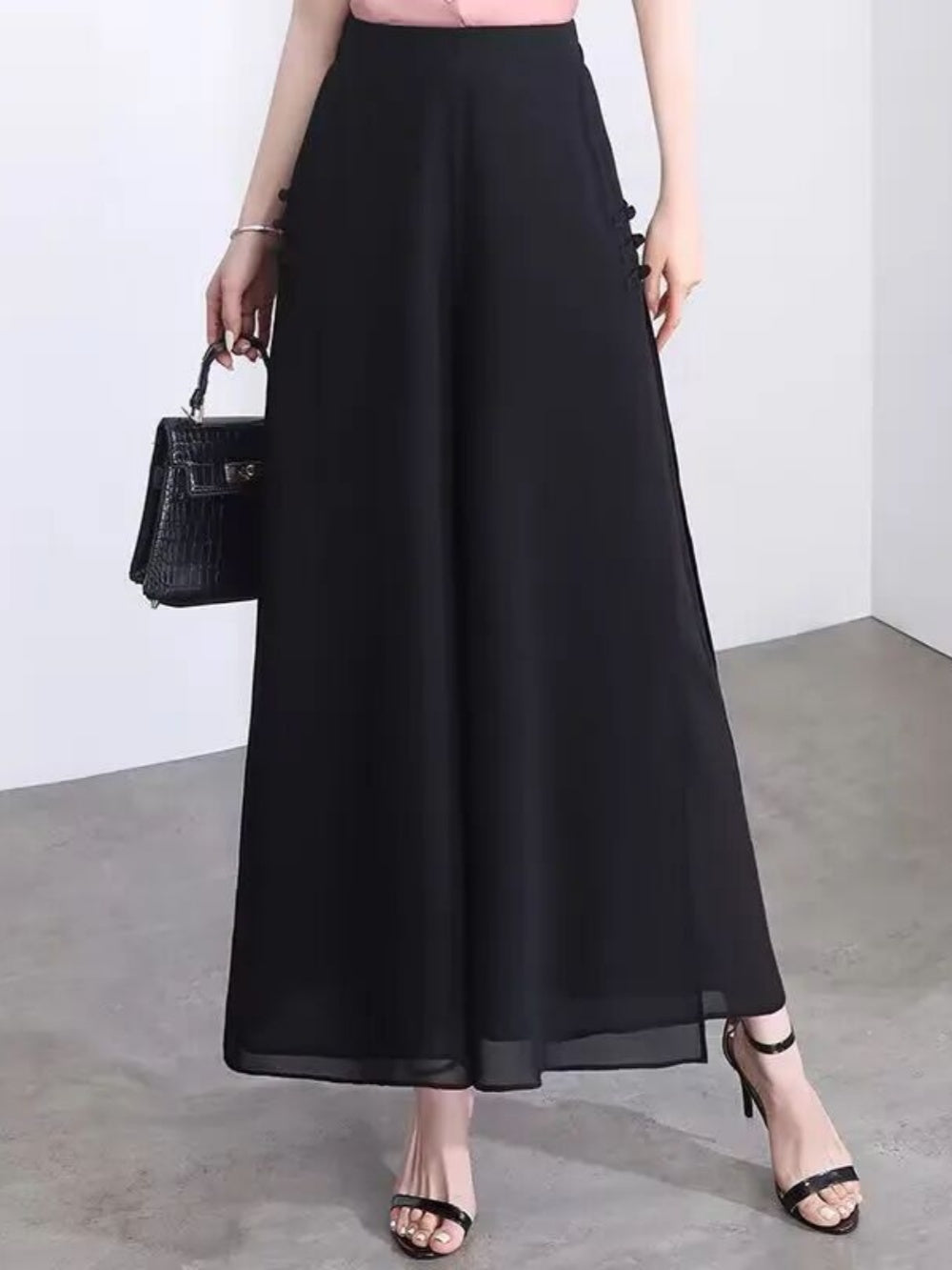 Slit drape chiffon cropped wide-leg pants
