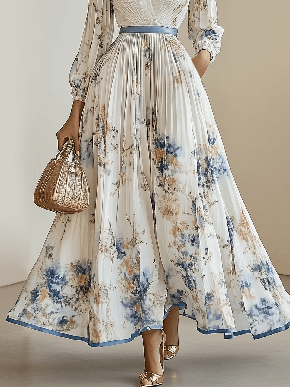Spring New White Pleated Chiffon V Neck Floral Long Sleeve Balloon Sleeve A-Line Maxi Dress