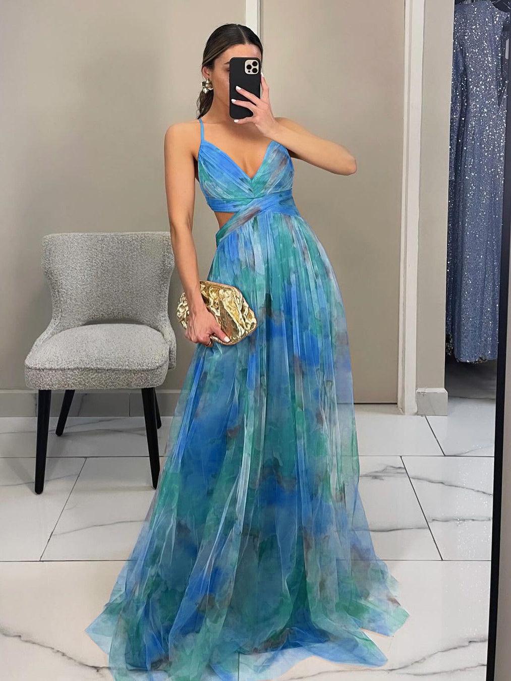Elegant Painted Floral Print V-Neck A-Line Maxi Dress