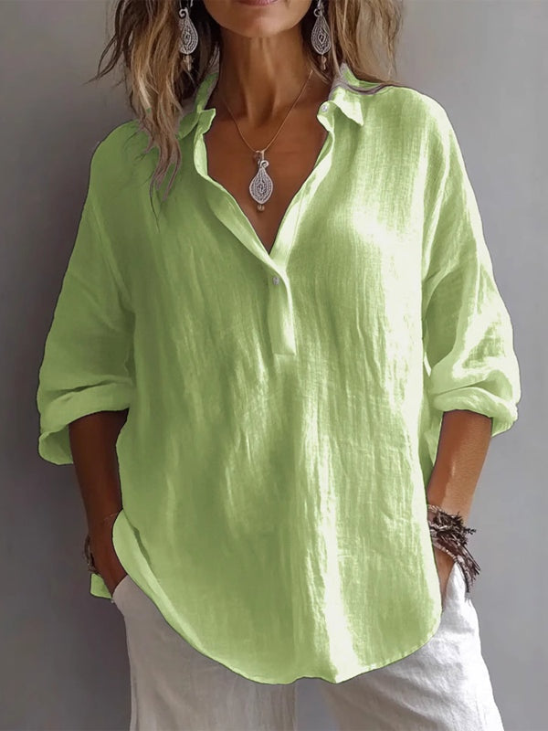 Casual Loose Long Sleeve Linen V-Neck Shirt