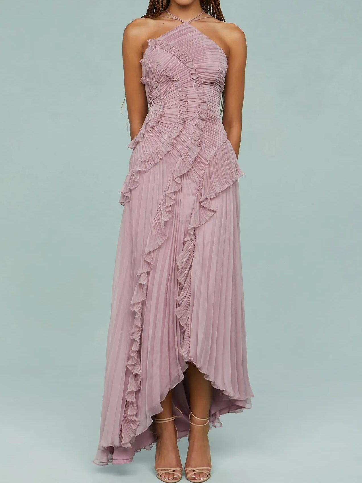 Pleated Suspender Long Dress With Slits