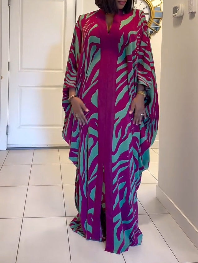 Zebra Print V-Neck Batwing Sleeve Robe Maxi Dress