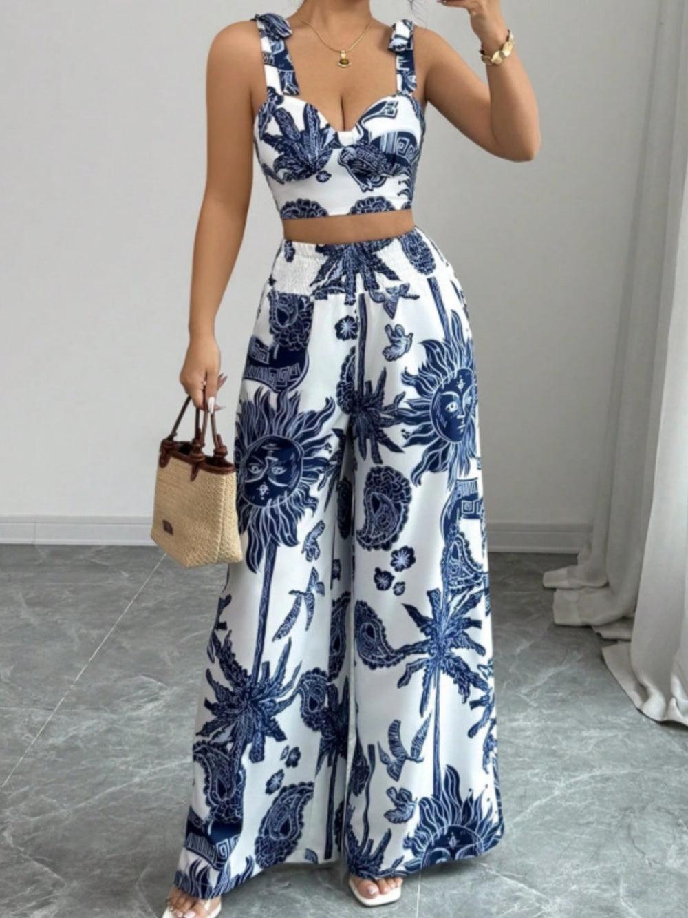 Printed V-neck top + loose wide-leg pants set