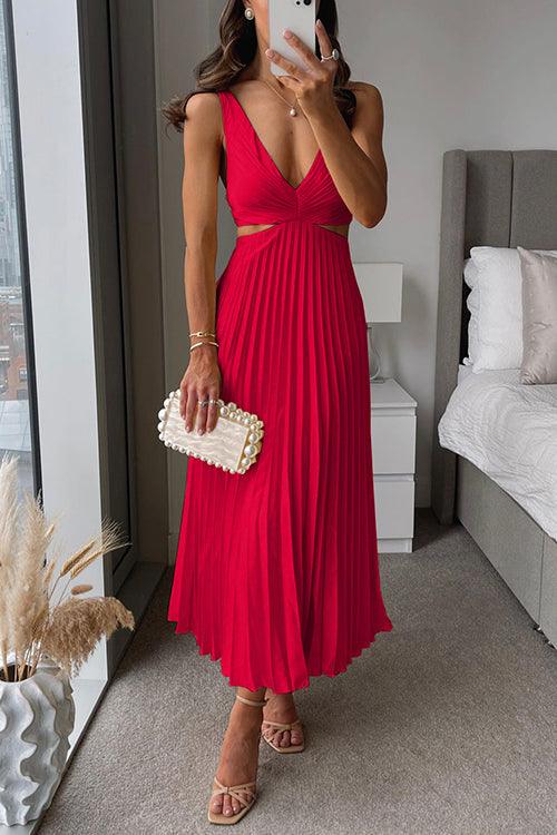 V Neck Cut Out Waist Sleeveless Pleated Maxi Dress