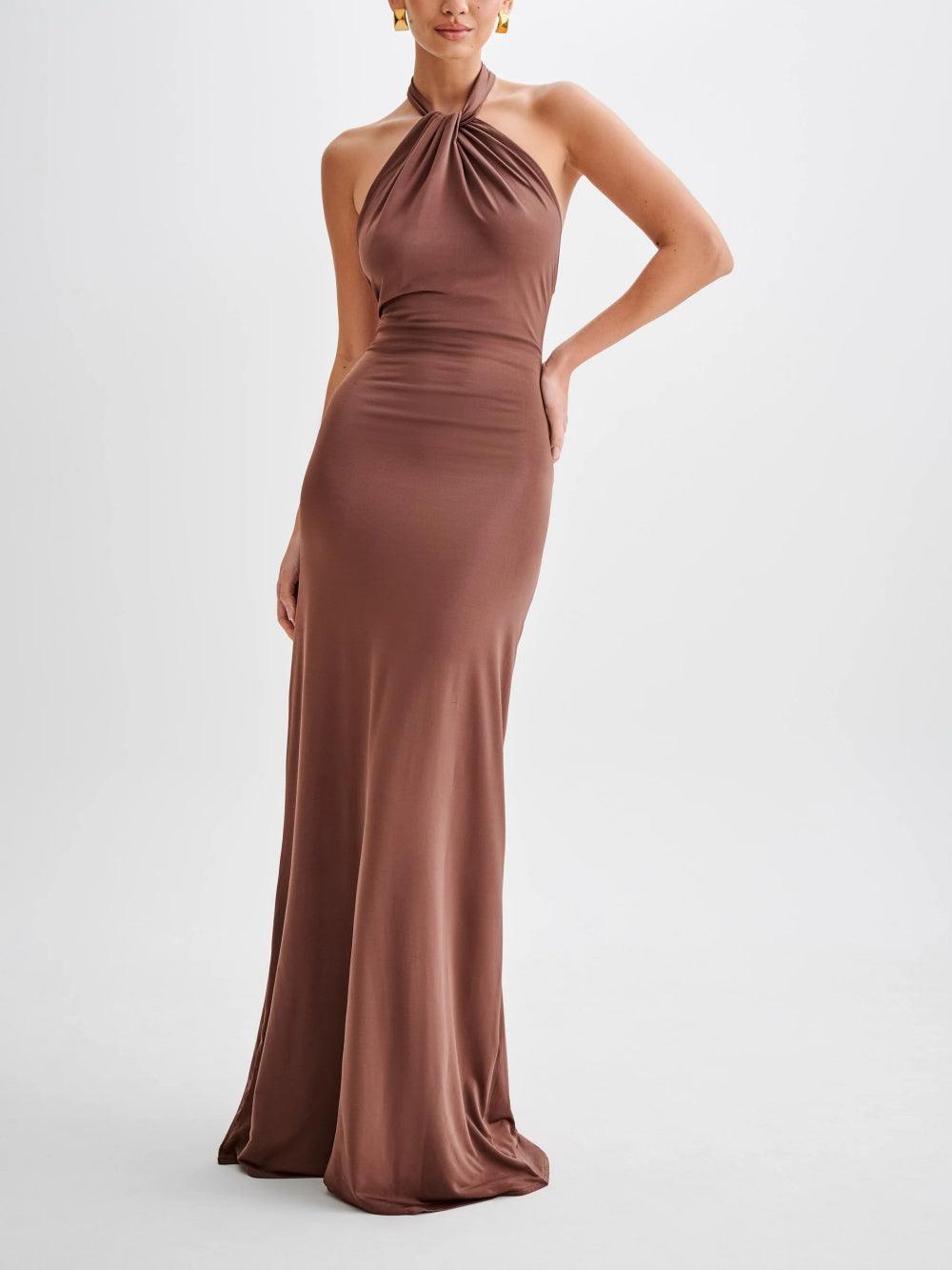 Slinky Halter Maxi Dress - Brown