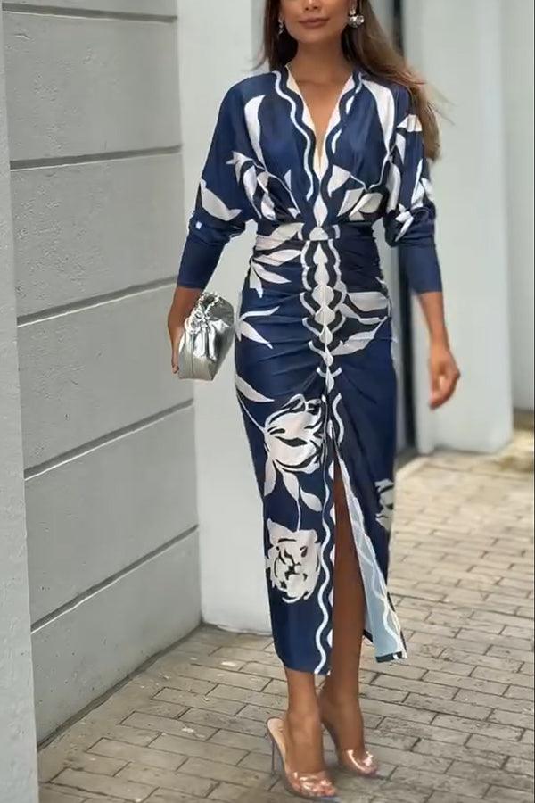 Unique Print Dolman Long Sleeve Ruched Slit Midi Dress