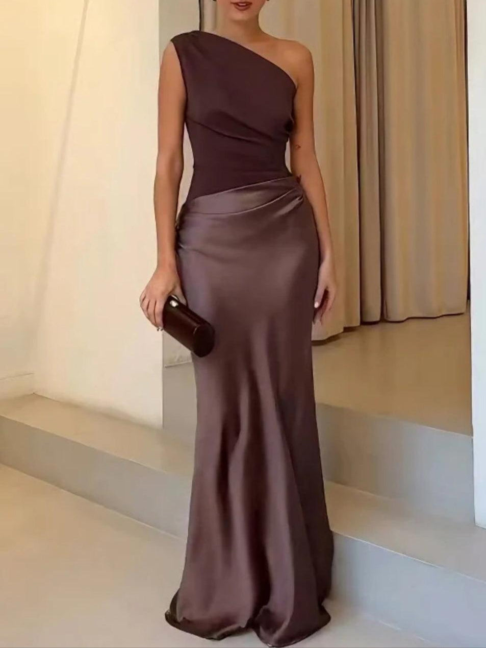 One Shoulder Neck Pleated Party Maxi Dress