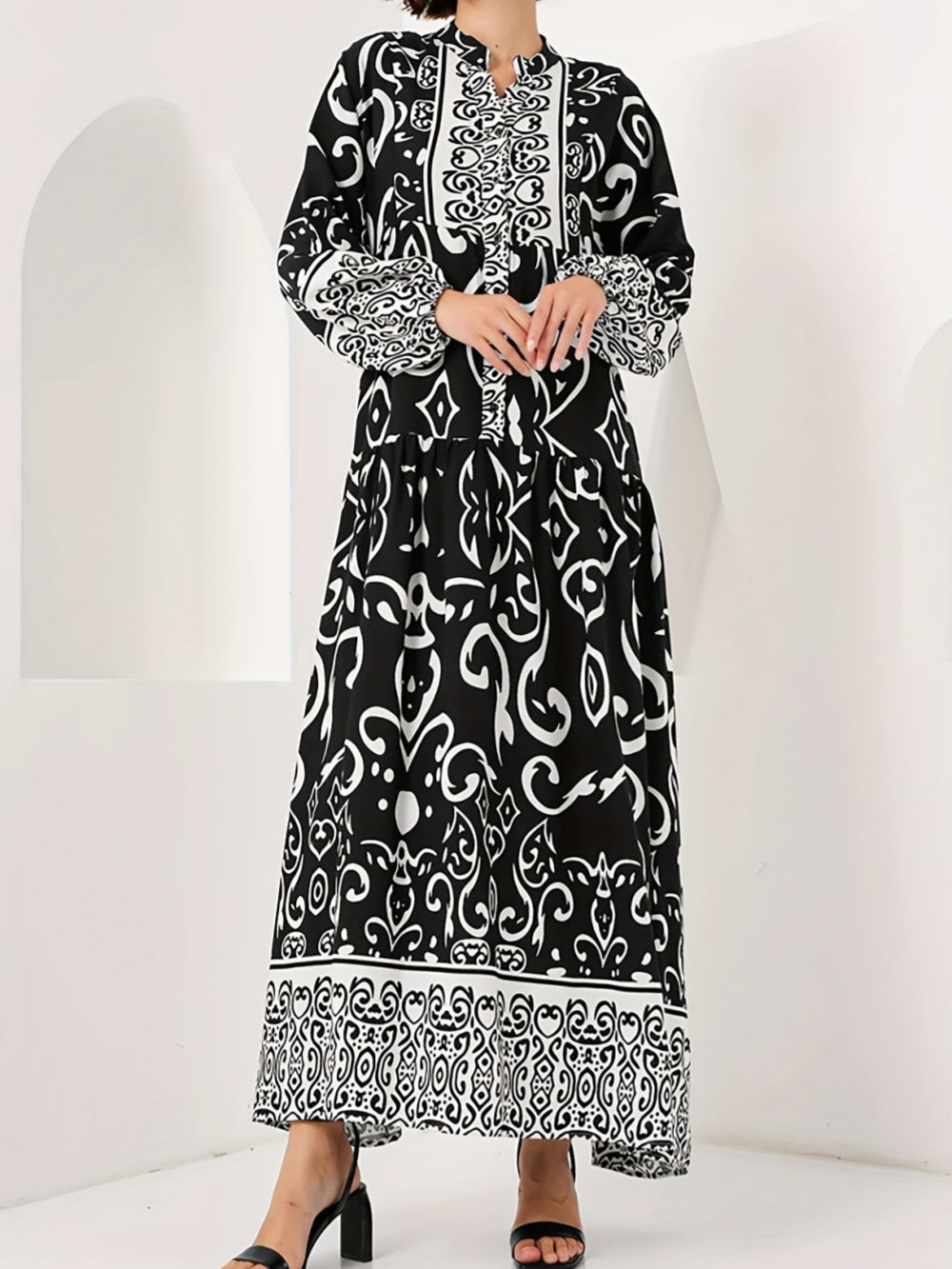 Printed lantern sleeves loose dress