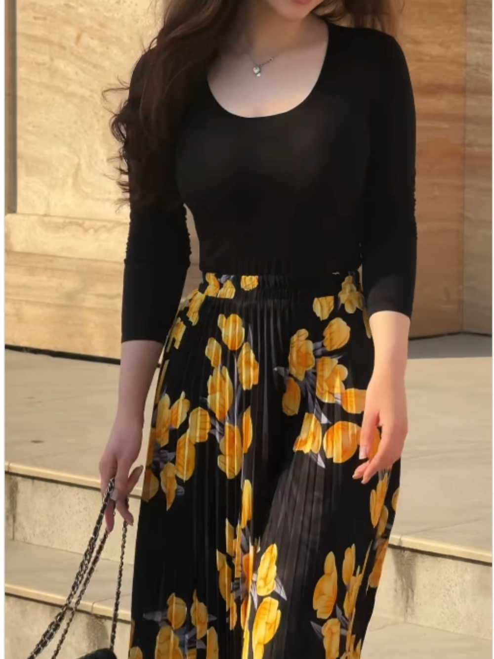 Yellow printed pleated skirt + top set