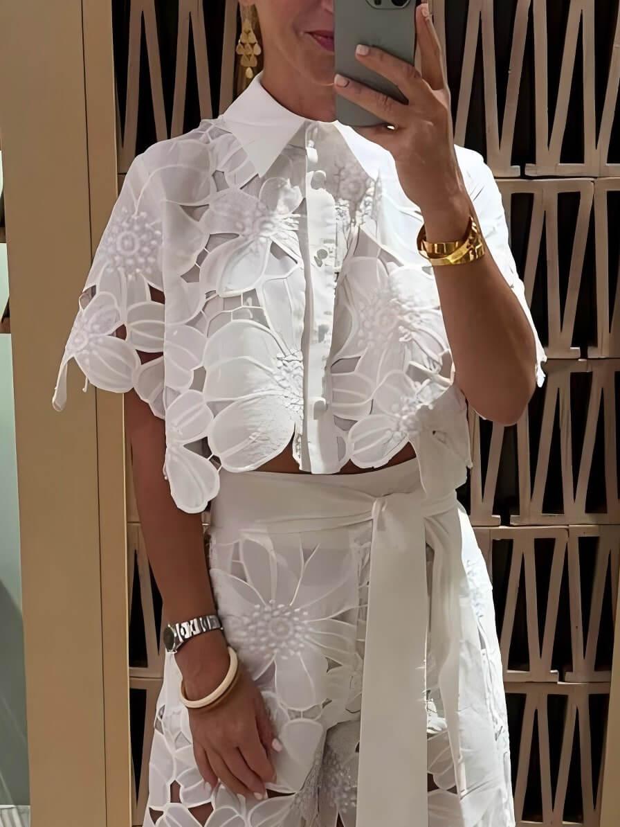 Exquisite floral embroidery sexy hollow suit