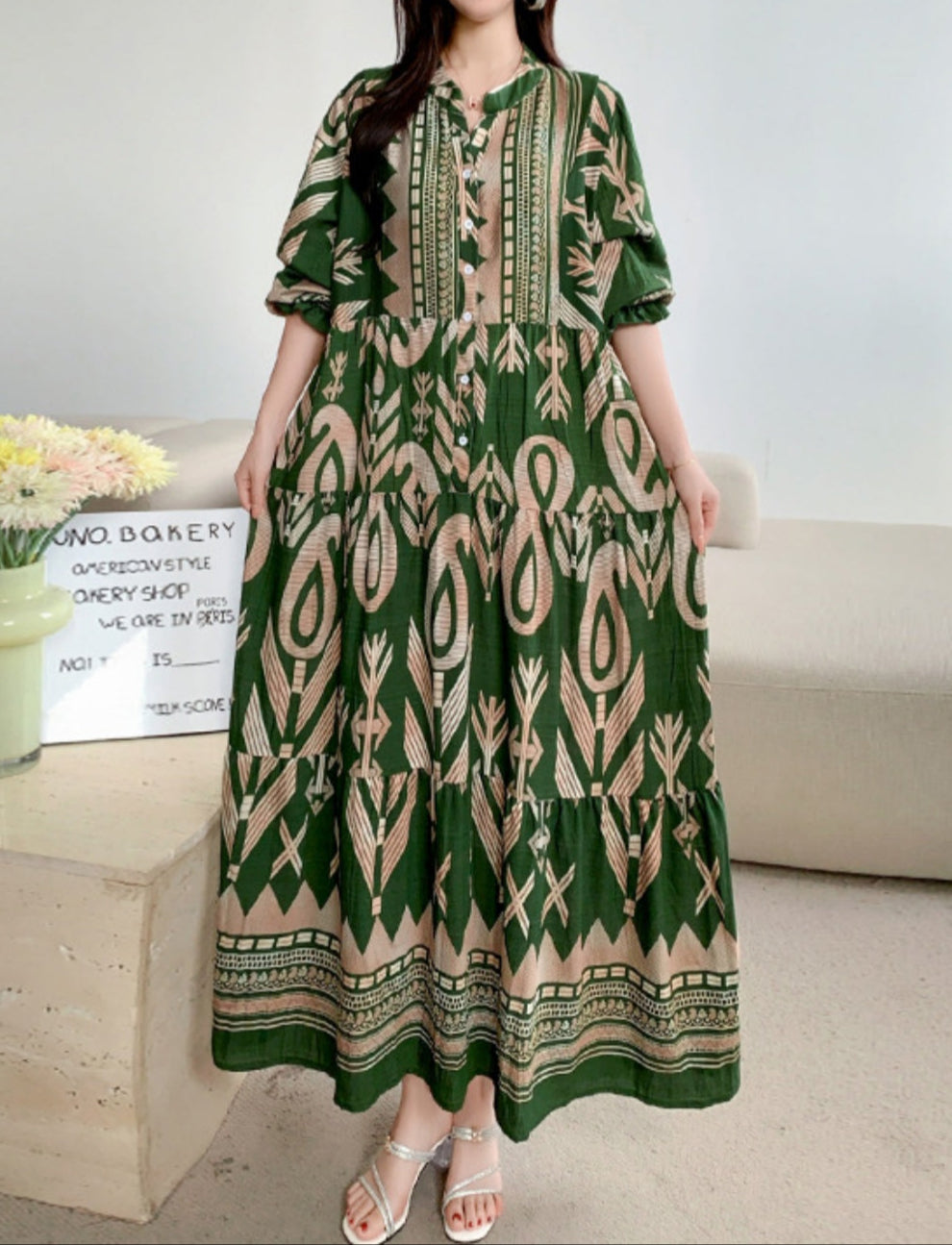 Printed lantern sleeves loose dress