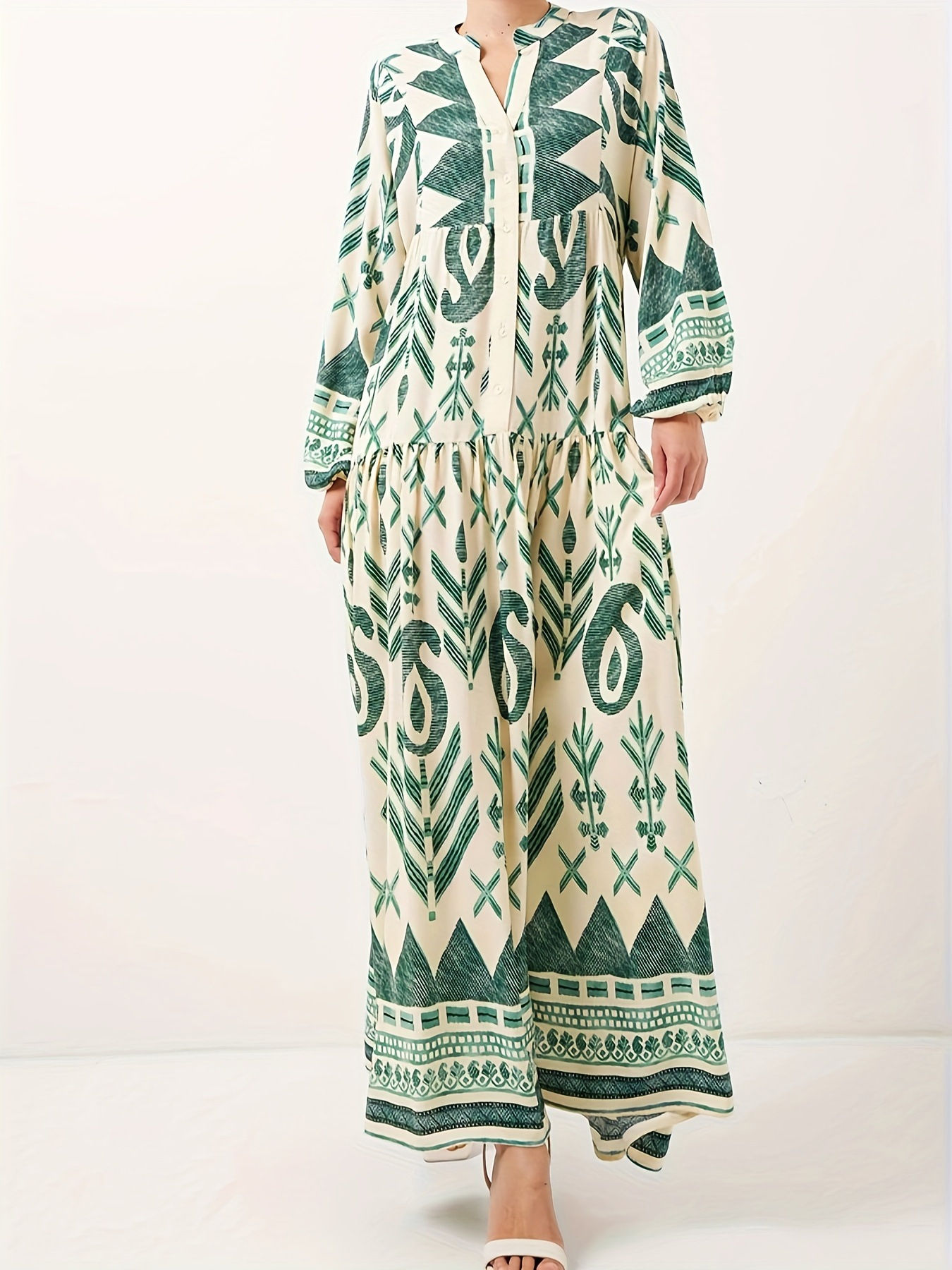 Printed lantern sleeves loose dress
