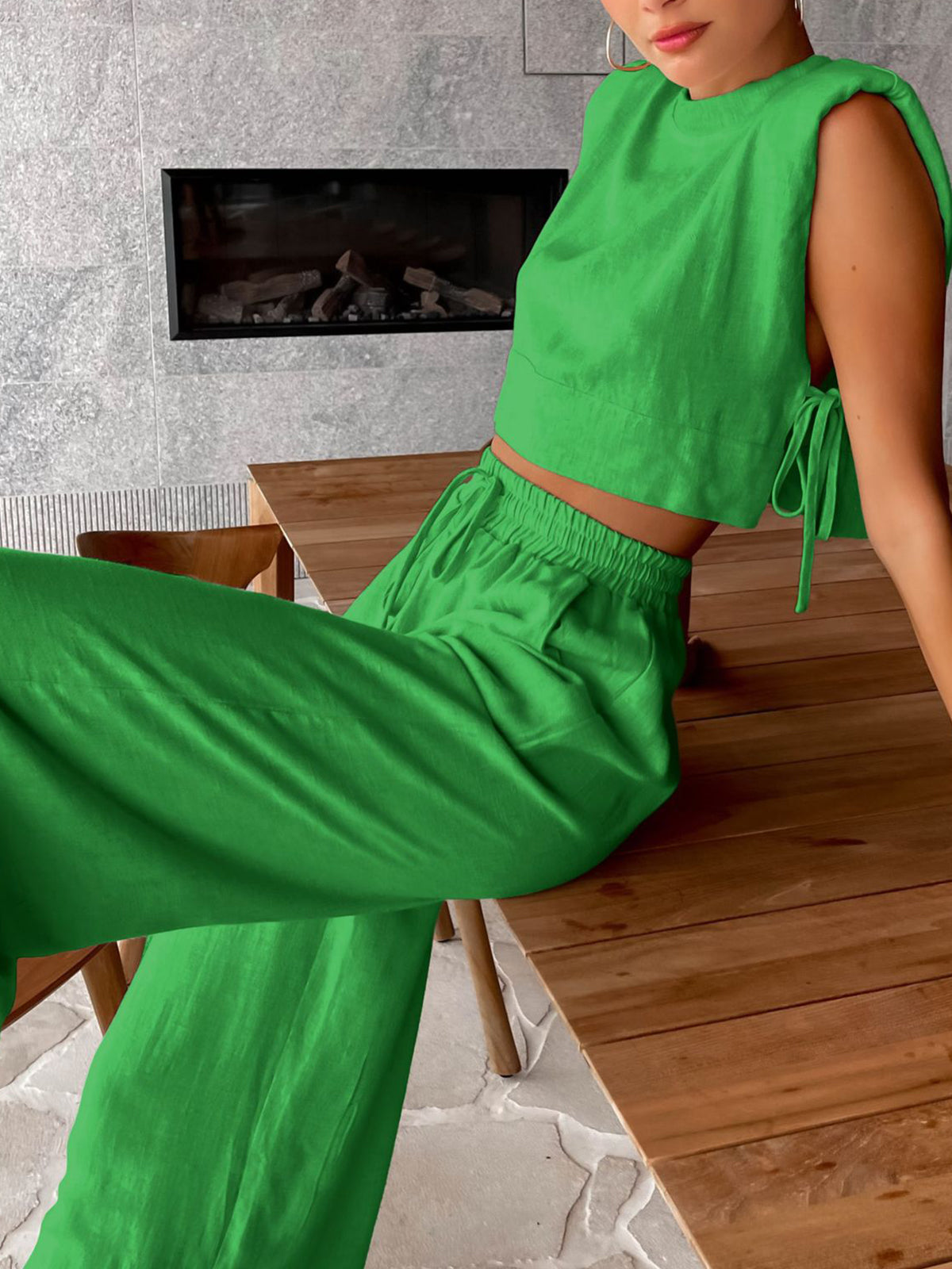 Linen Two Piece Wide Leg Pants Set